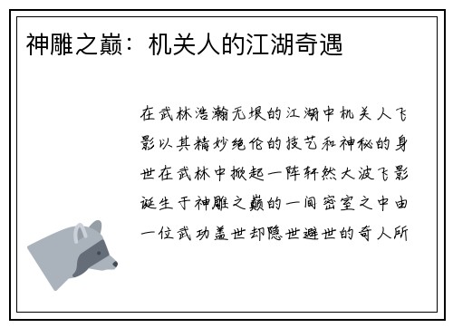 神雕之巅：机关人的江湖奇遇